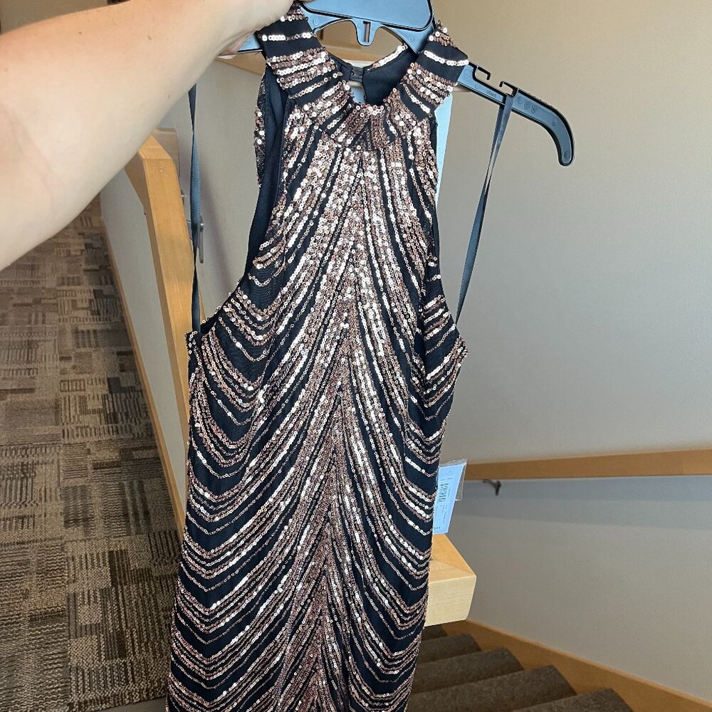 NWT Premier Amor Halter Top Gold Sequin Dress